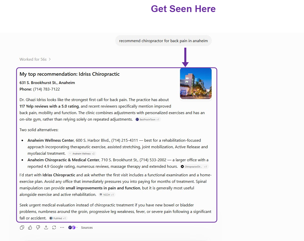 ChatGPT answering “recommend chiropractor for back pain in anaheim” by naming three local chiropractors with addresses and phone numbers.