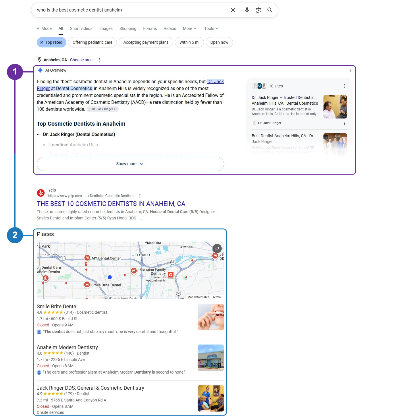Google results for “who is the best cosmetic dentist anaheim”. Marker 1 outlines the AI Overview naming three local cosmetic dentists; marker 2 outlines the Businesses map pack directly beneath it.