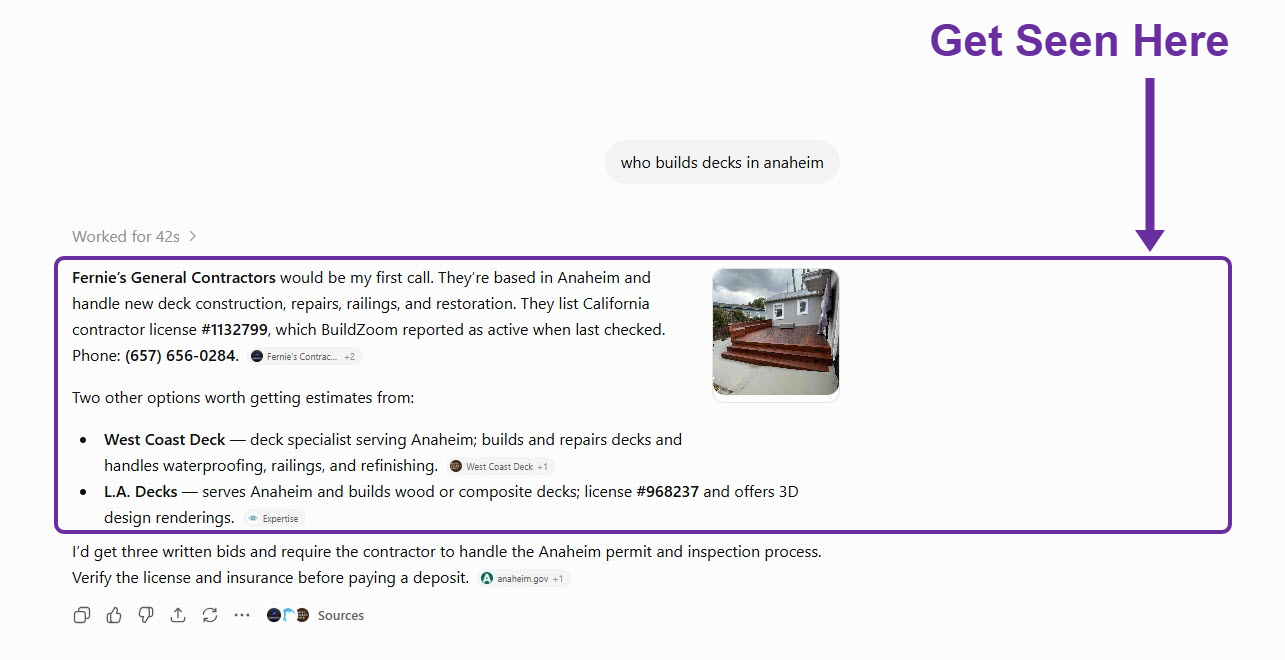 ChatGPT answering “who builds decks in anaheim” by naming three local deck builders with addresses and phone numbers.