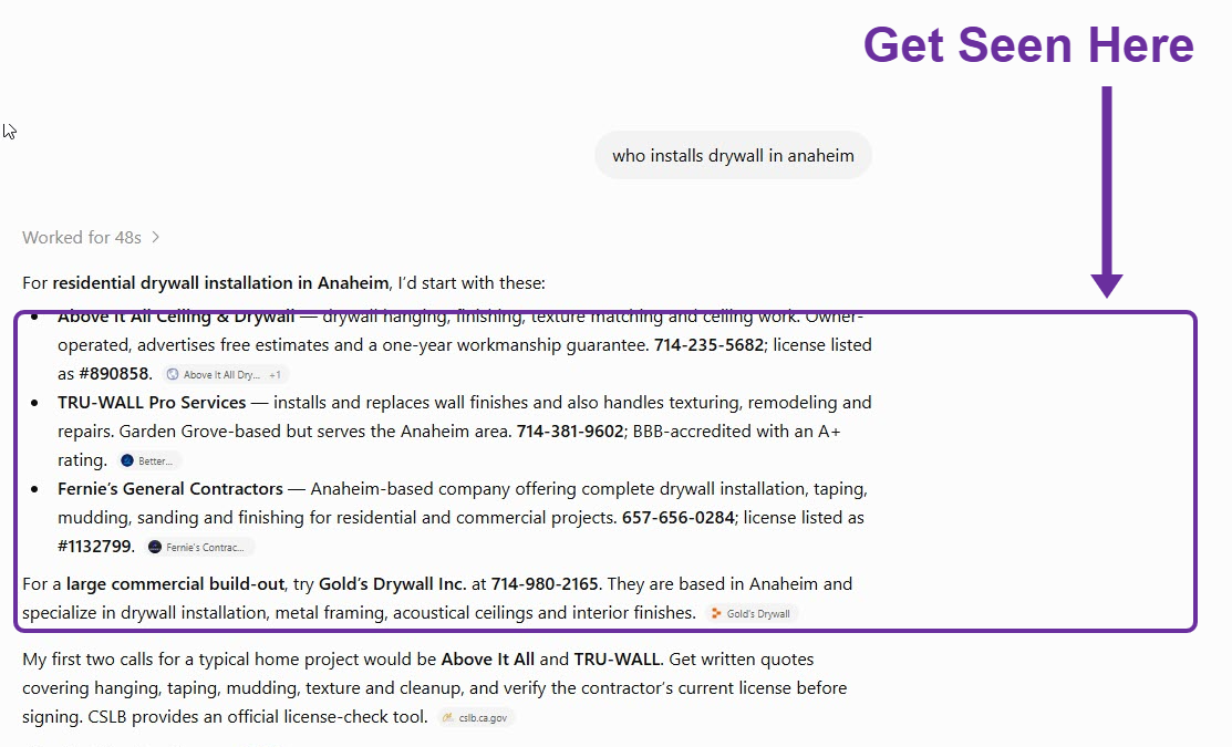 ChatGPT answering “who installs drywall in anaheim” by naming four local drywall contractors with addresses and phone numbers.
