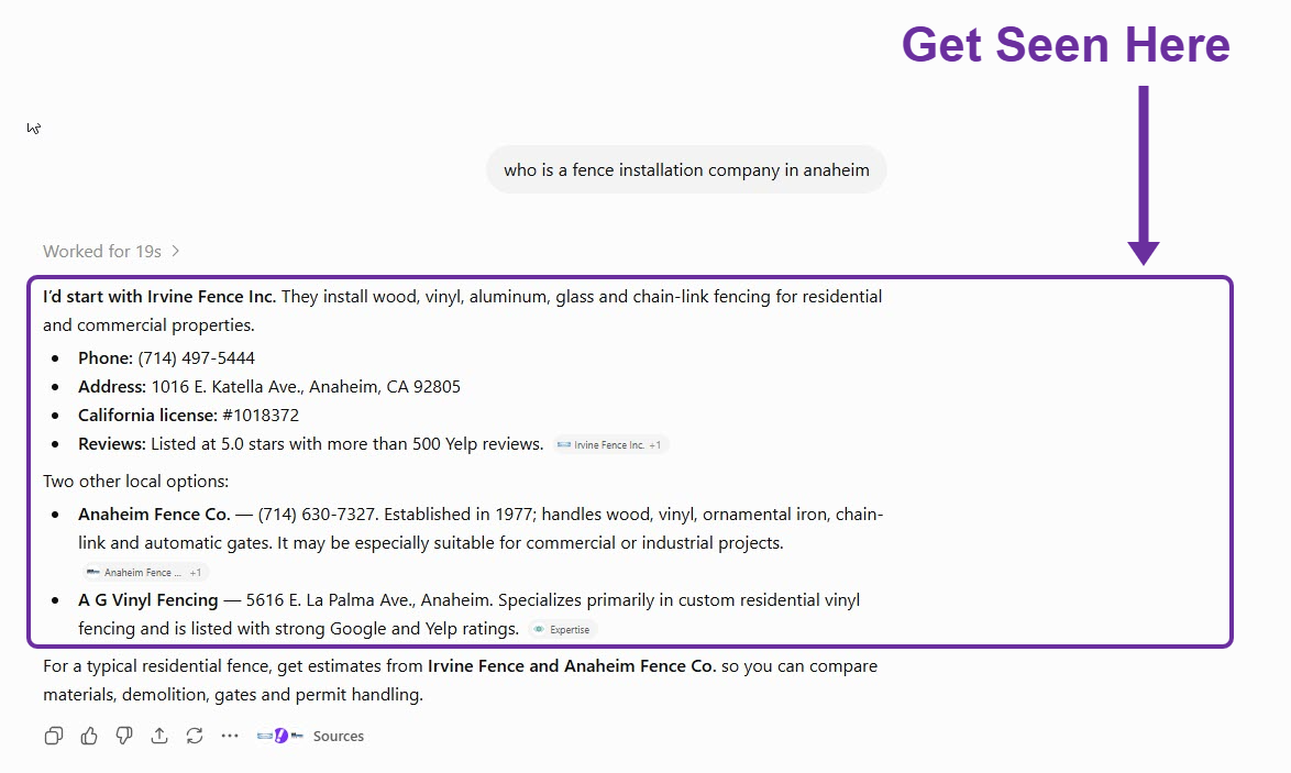 ChatGPT answering “who is a fence installation company in anaheim” by naming three local fence companies with addresses and phone numbers.