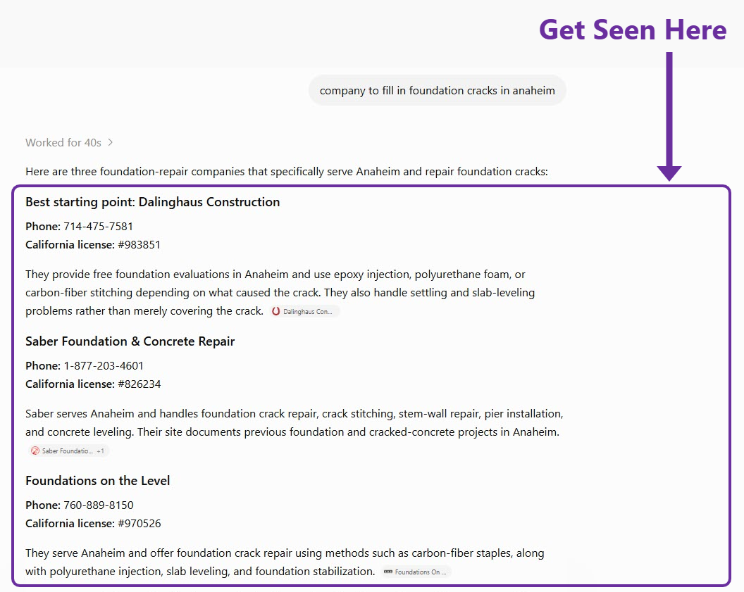 ChatGPT answering “company to fill in foundation cracks in anaheim” by naming three local foundation companies with addresses and phone numbers.