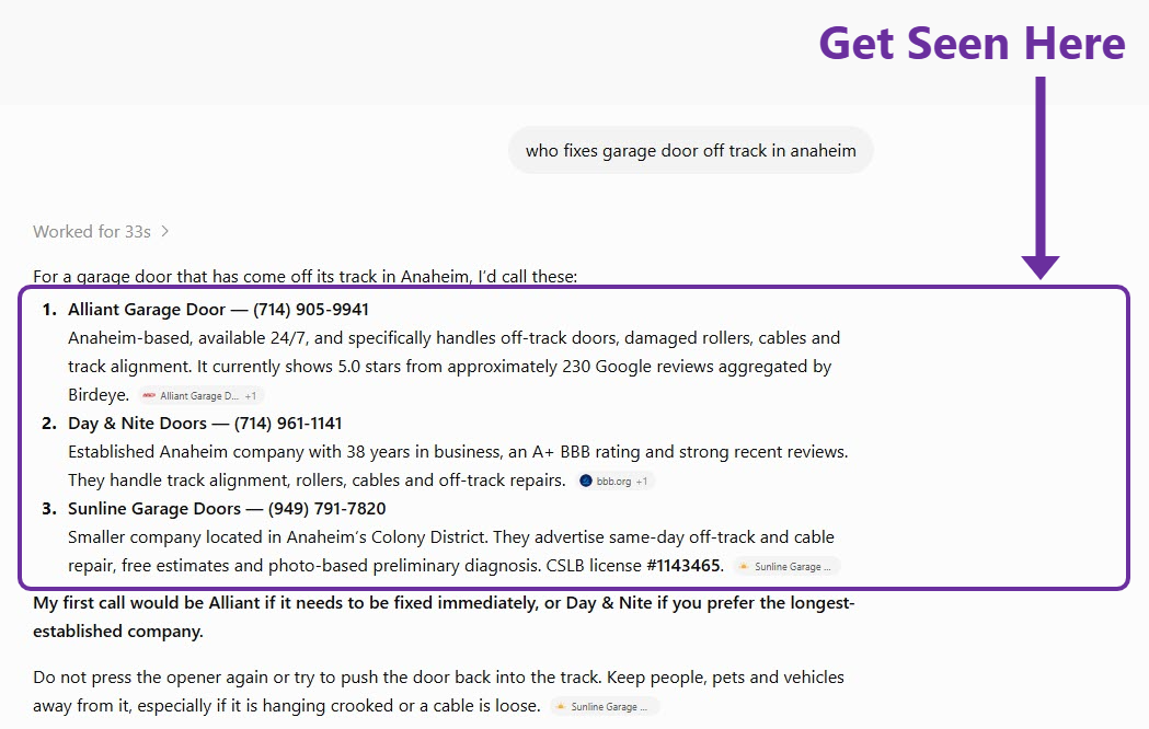 ChatGPT answering “who fixes garage door off track in anaheim” by naming three local garage door companies with addresses and phone numbers.