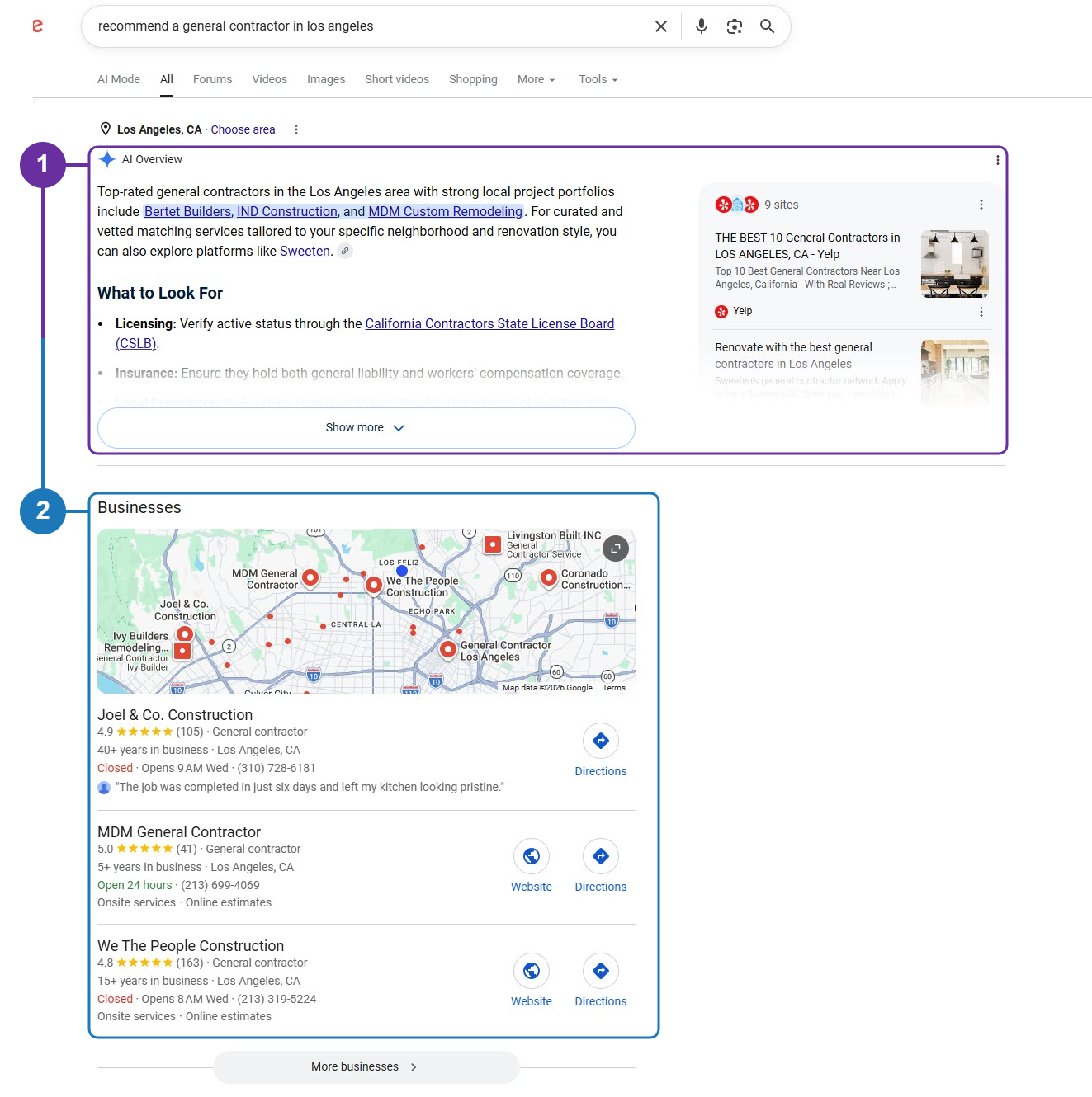 Google results for “recommend a general contractor in los angeles”. Marker 1 outlines the AI Overview naming three local general contractors; marker 2 outlines the Businesses map pack directly beneath it.
