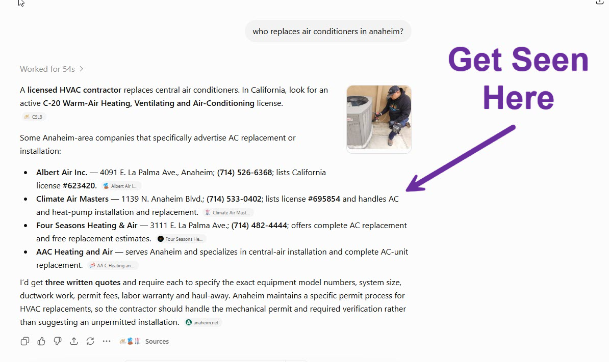 ChatGPT answering “who replaces air conditioners in anaheim” by naming four local contractors with addresses and phone numbers.