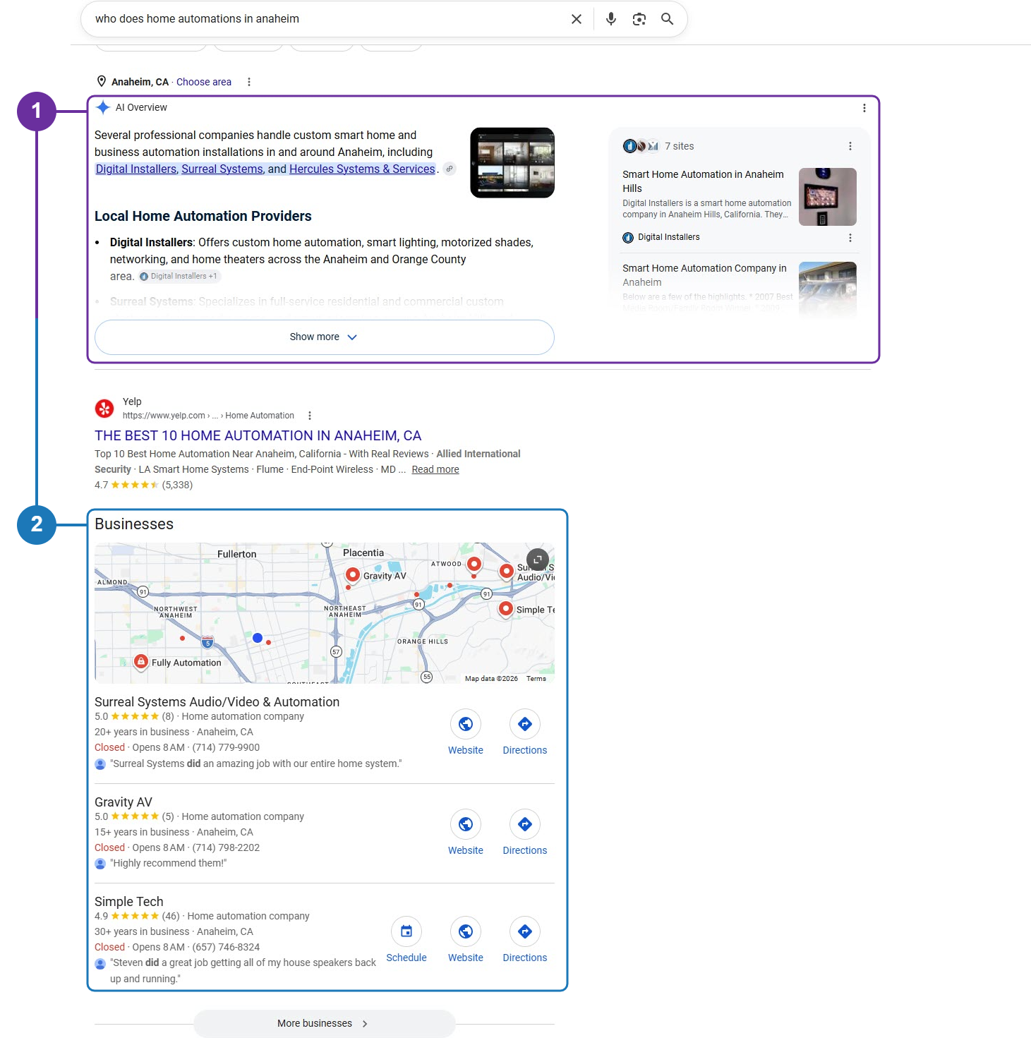 Google results for “who does home automations in anaheim”. Marker 1 outlines the AI Overview naming three local home automation companies; marker 2 outlines the Businesses map pack directly beneath it.