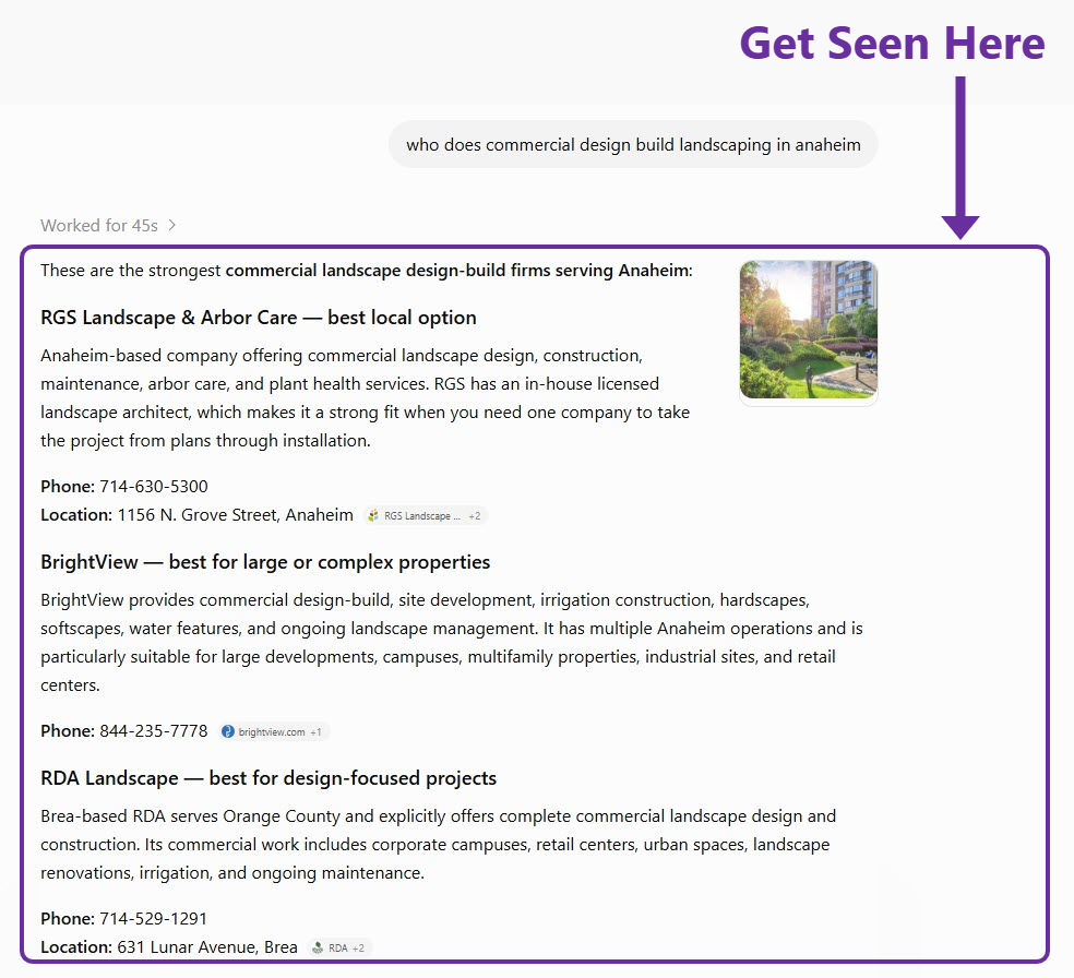 ChatGPT answering “who does commercial design build landscaping in anaheim” by naming three local landscapers with addresses and phone numbers.