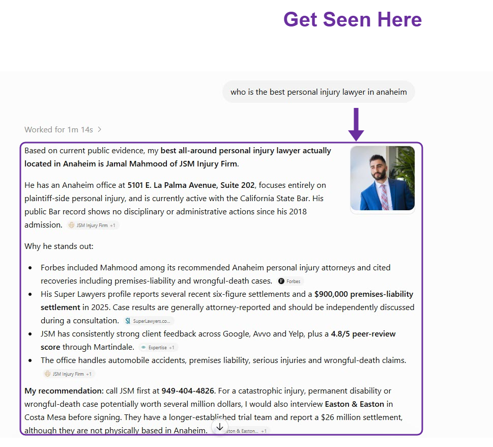 ChatGPT answering “who is the best personal injury lawyer in anaheim” by naming two local personal injury lawyers with addresses and phone numbers.
