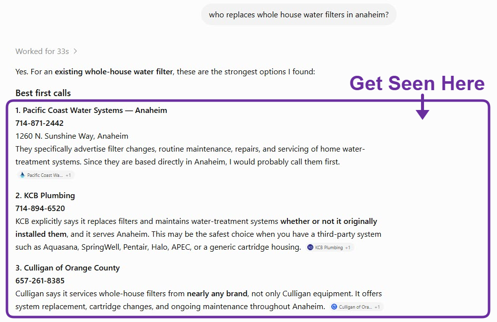 ChatGPT answering “who replaces whole house water filters in anaheim” by naming three local plumbers with addresses and phone numbers.