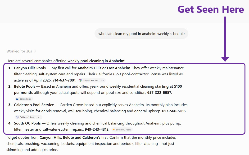 ChatGPT answering “who can clean my pool in anaheim weekly schedule” by naming four local pool companies with addresses and phone numbers.