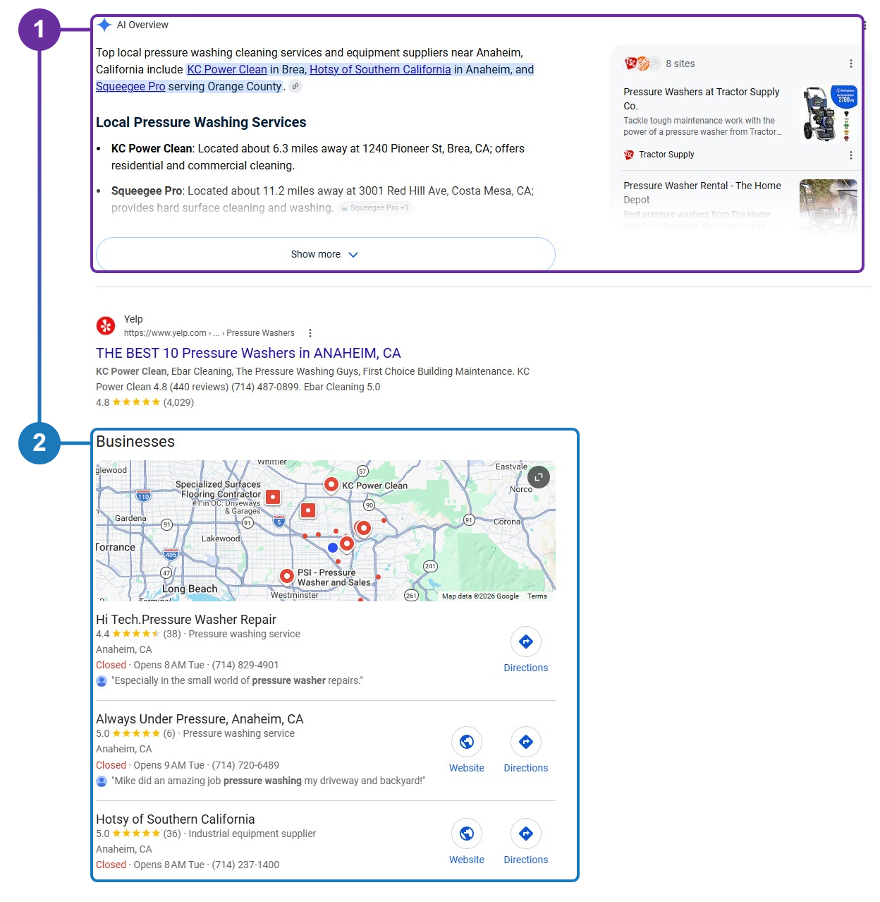 Google results for “who is a pressure washer near me”. Marker 1 outlines the AI Overview naming three local pressure washing companies; marker 2 outlines the Businesses map pack directly beneath it.