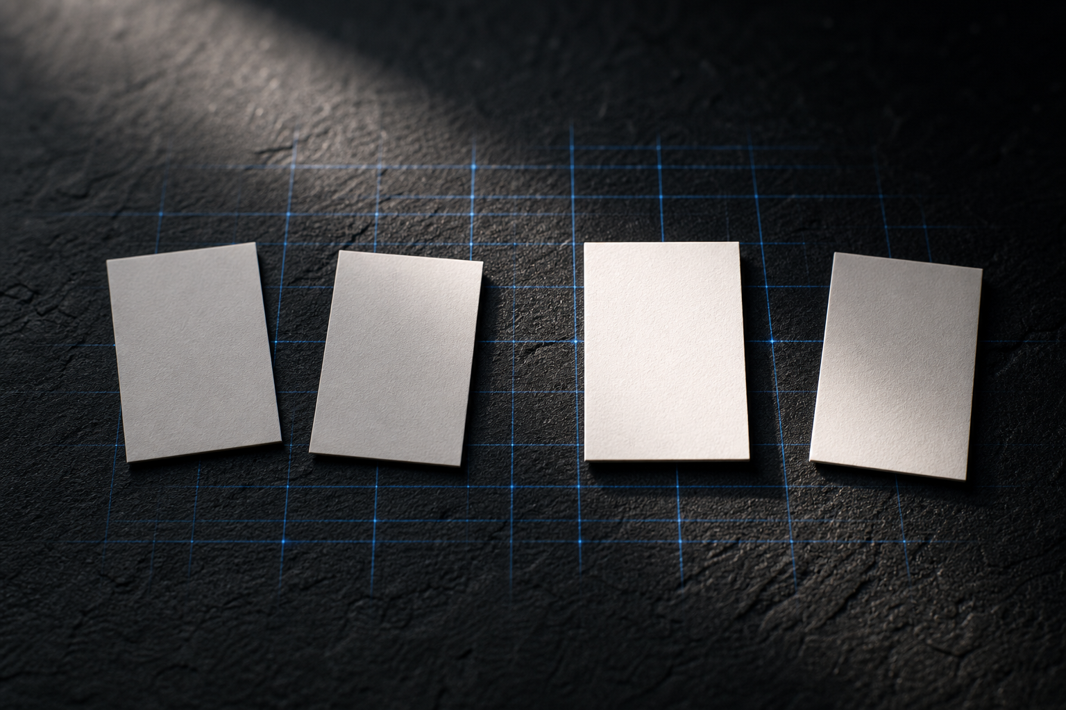 Four rectangular cards on a dark surface, three misaligned and shadowed and one perfectly upright in sharp light, representing the difference between inconsistent and consistent business directory listings for AI trust signals