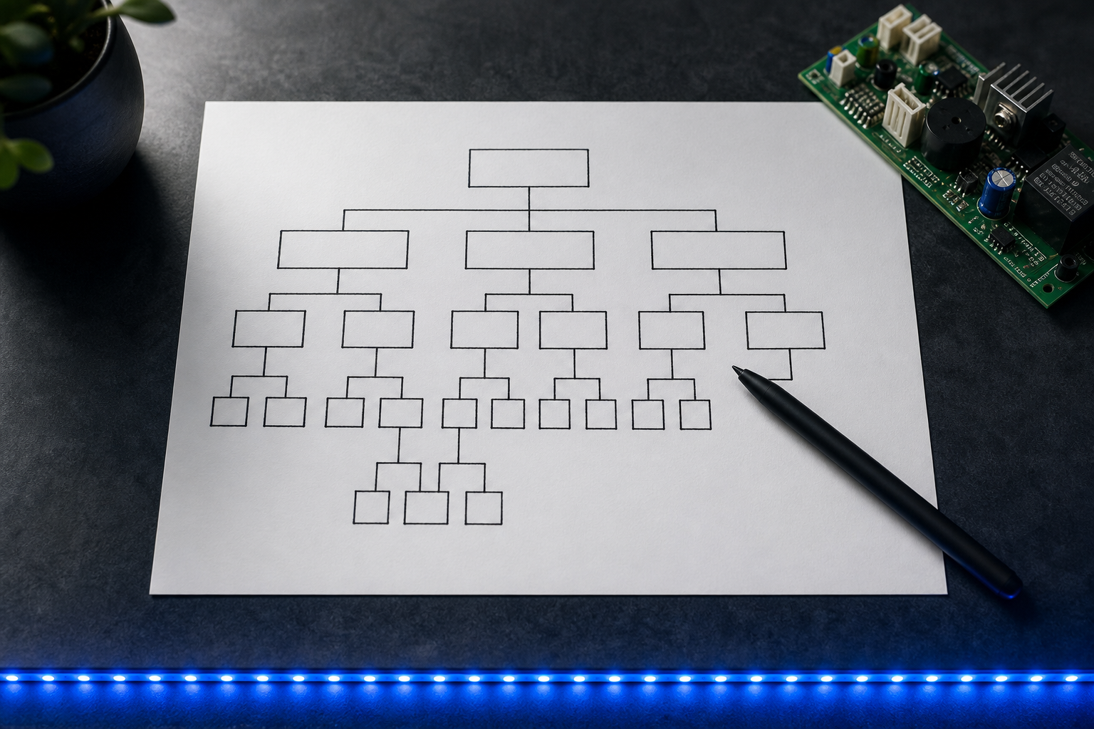 Overhead flat-lay of a nested wireframe hierarchy diagram on white paper beside an appliance circuit board and a stylus on a dark desk, representing structured schema markup for local business websites
