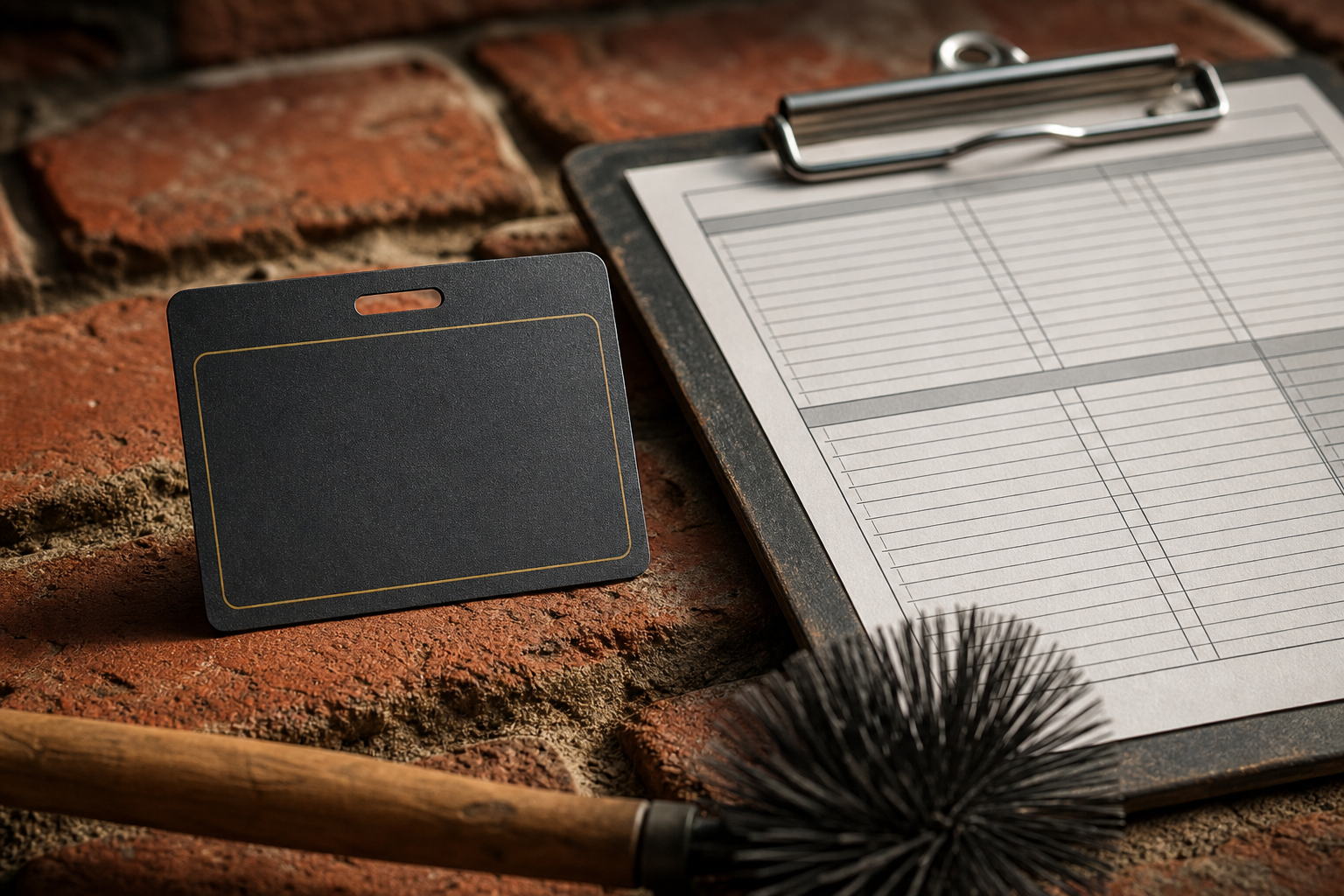 A professional certification credential card and inspection clipboard resting on weathered red brick beside a chimney brush handle, representing compliance documentation for chimney sweep service pages