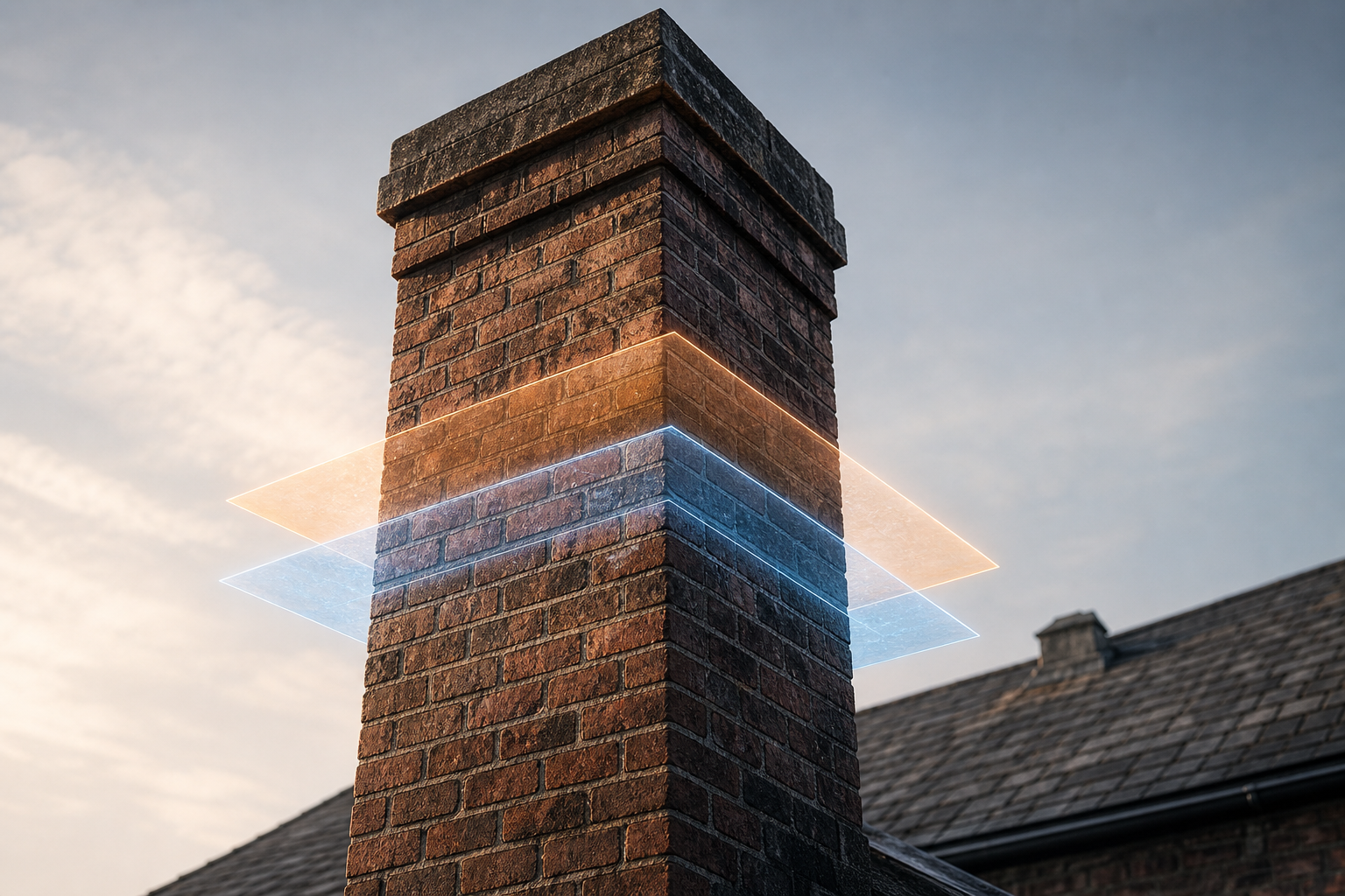 A weathered brick chimney rises against a pale morning sky with two translucent geometric overlays — one warm amber, one cool blue — hovering around its mid-section to suggest two separate invisible ranking systems simultaneously at work