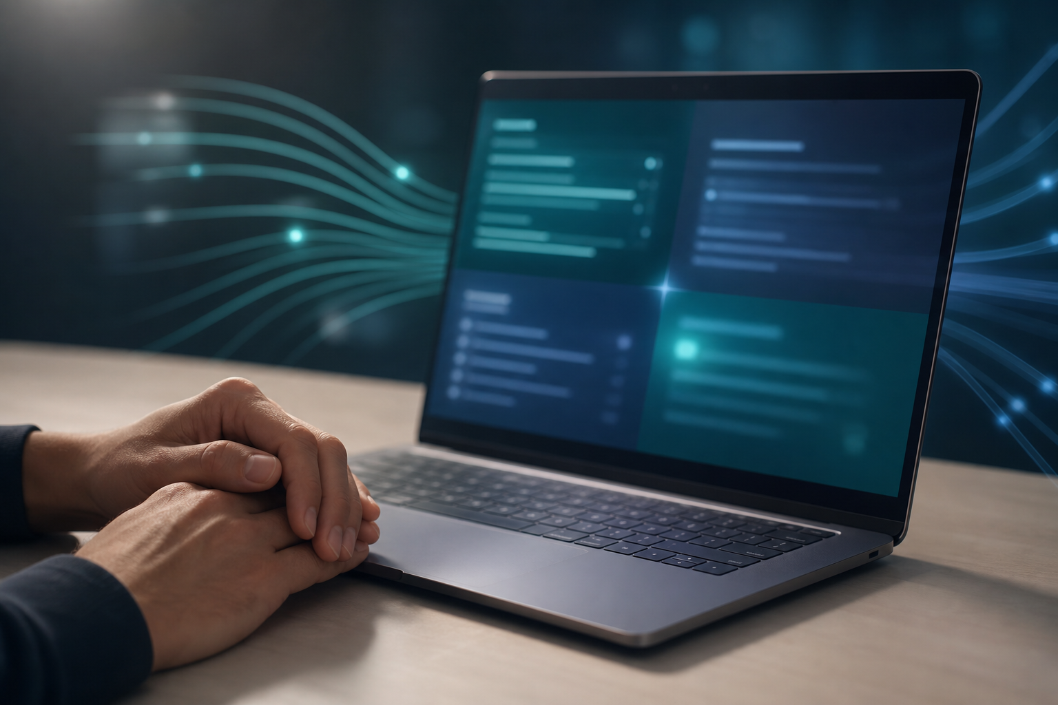 Hands at a laptop with four softly glowing abstract panels suggesting simultaneous AI search platform visibility testing