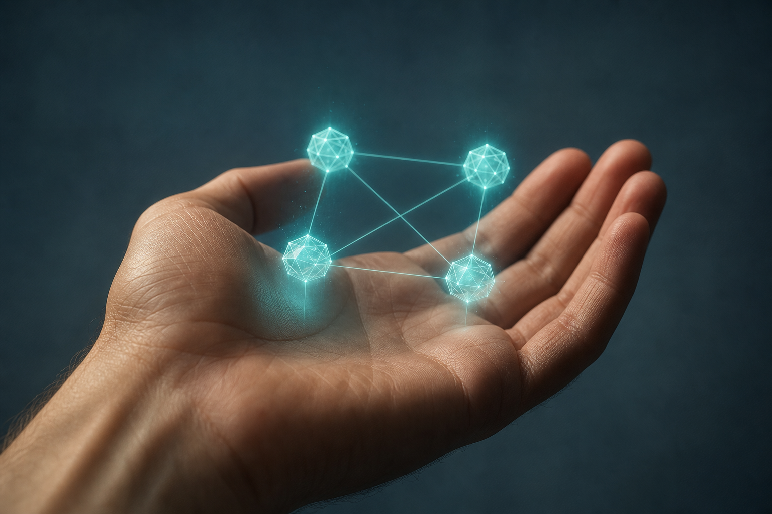 A hand holds four interconnected glowing teal nodes in a structured network formation against a slate-blue background