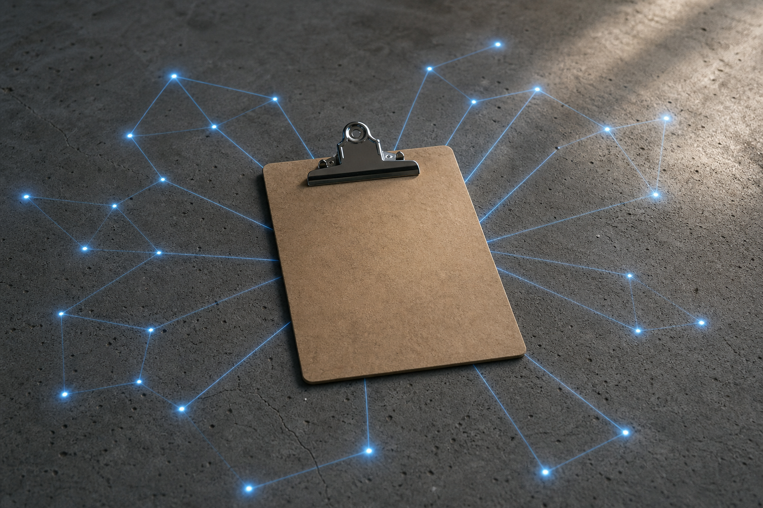 Trade clipboard on a concrete surface with abstract blue geometric connection lines radiating outward to glowing nodes, representing a consistent business entity profile across search platforms
