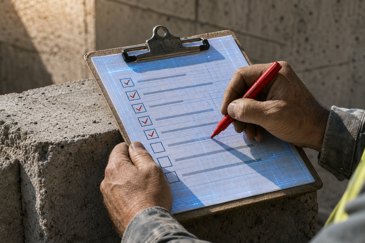 A concrete contractor's hands hold a clipboard with a job record checklist against a raw concrete surface, a red marker poised to approve, with a subtle cool blue digital grid overlay on the paper