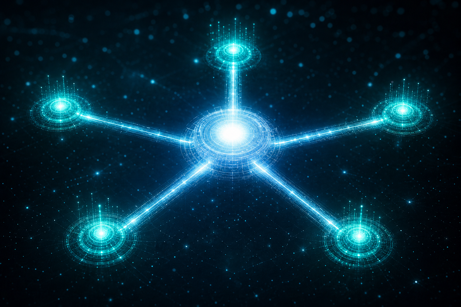 Abstract hub-and-spoke diagram of glowing nodes representing a smile makeover hub page linked to individual cosmetic dentistry procedure pages