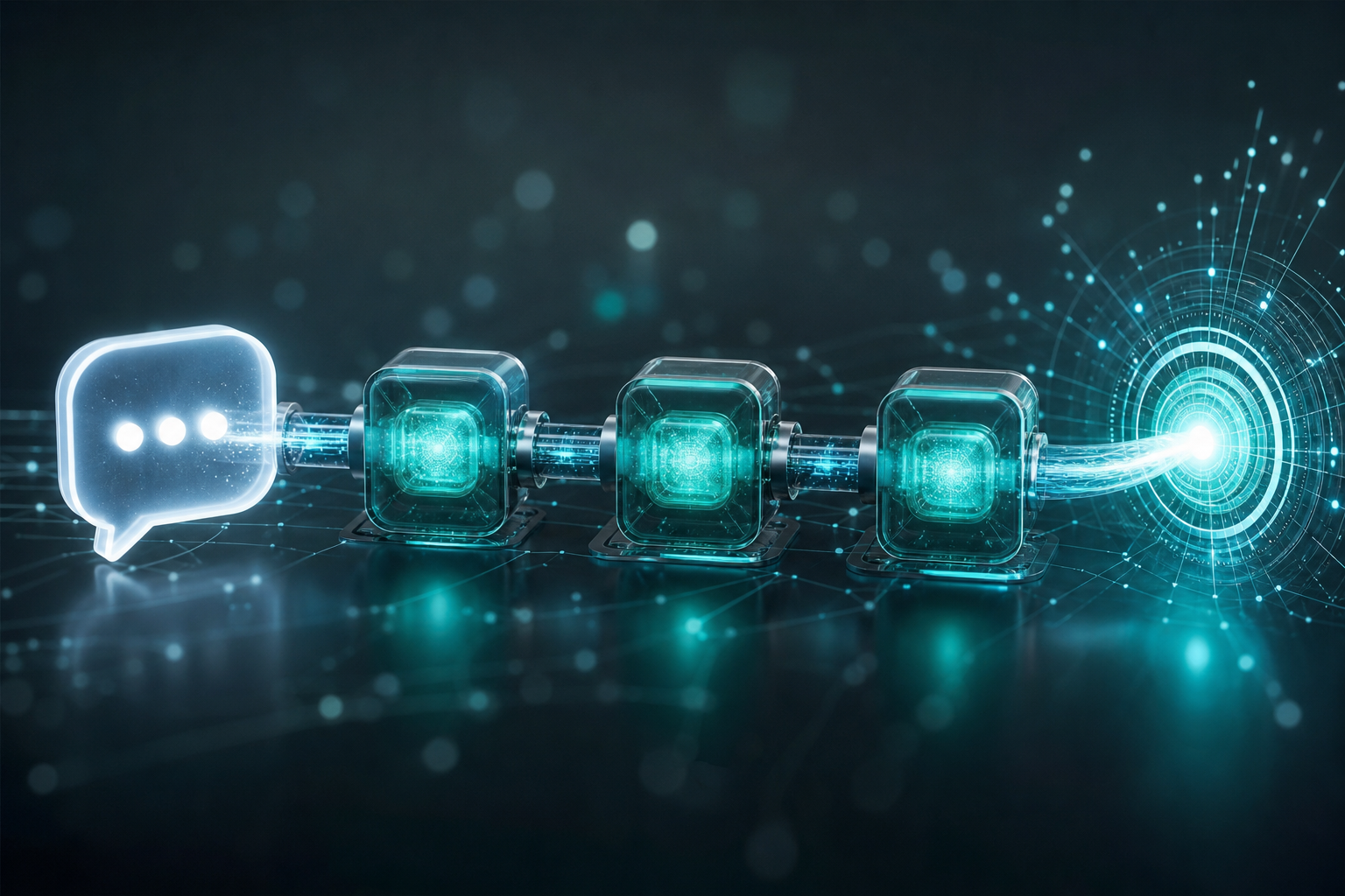 Abstract glowing pipeline illustrating the flow from a patient review signal through intake and classification steps to AI engine citation visibility for a cosmetic dental practice