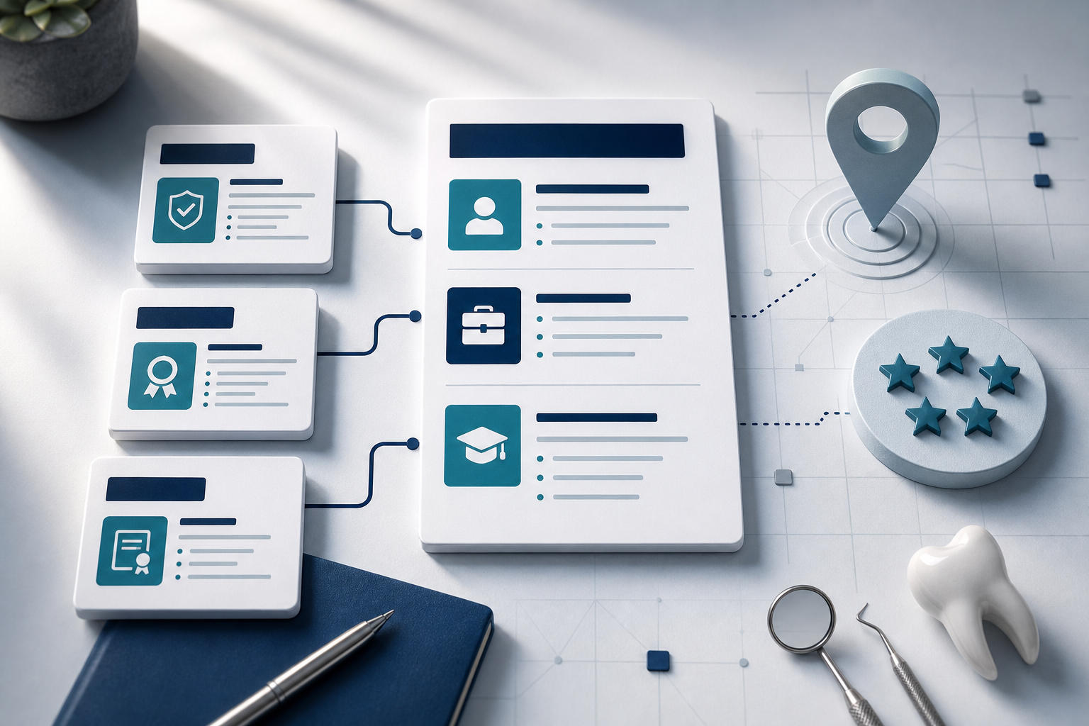 Abstract hierarchy of structured credential document panels connected by geometric lines to local map and review signals, representing an AI-readable dental provider bio page