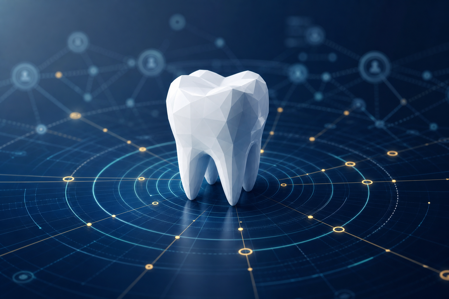 A geometric white tooth form at center of a deep navy composition, surrounded by radiating teal grid lines and soft gold node accents suggesting digital search authority signals converging on a single focal point