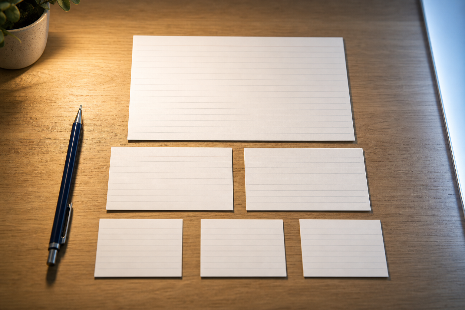 Blank index cards arranged in a three-tier hierarchy on a wooden desk beside a mechanical pencil, representing the structured heading and content architecture that helps AI engines extract and cite handyman service pages