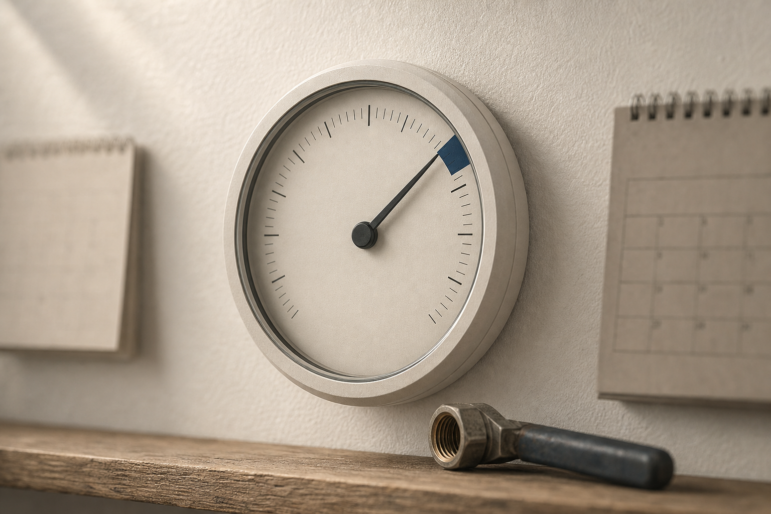 A wall-mounted analog thermometer with a deep navy threshold band beside a blurred paper calendar and a wrench resting on a wooden shelf, symbolizing the link between seasonal temperature and SEO content timing for handyman services.