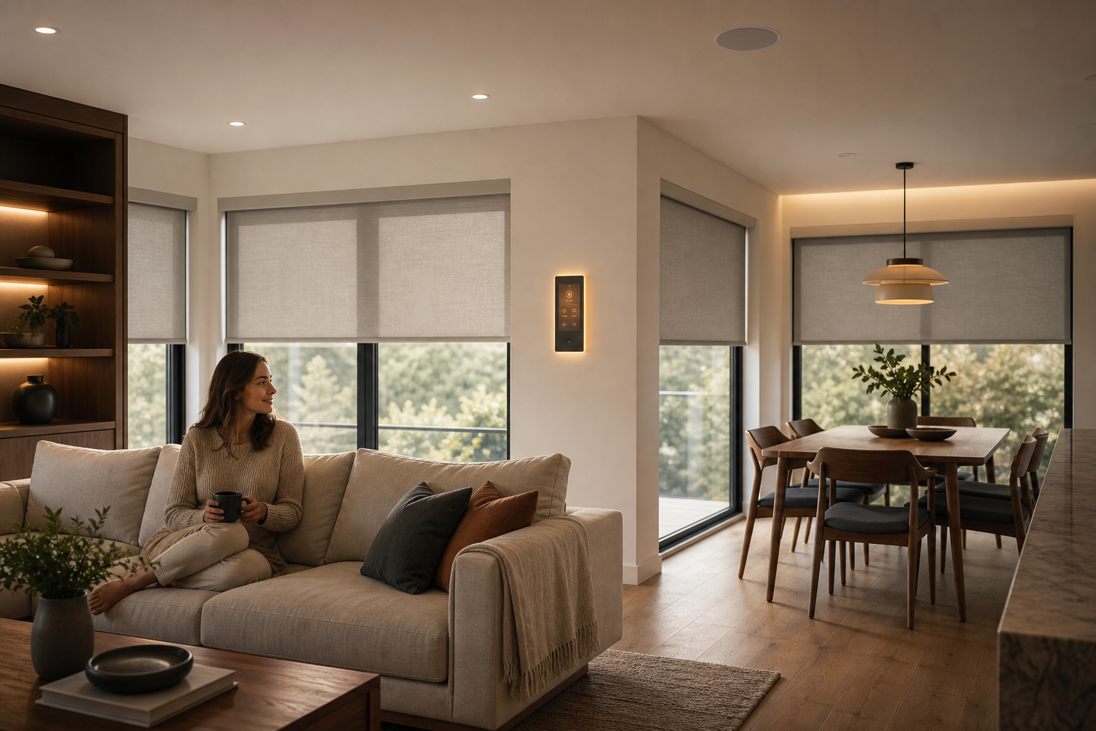 Open-plan smart home interior with coordinated lighting, motorized shades, in-wall climate panel, and flush ceiling speaker operating together as a unified homeowner outcome