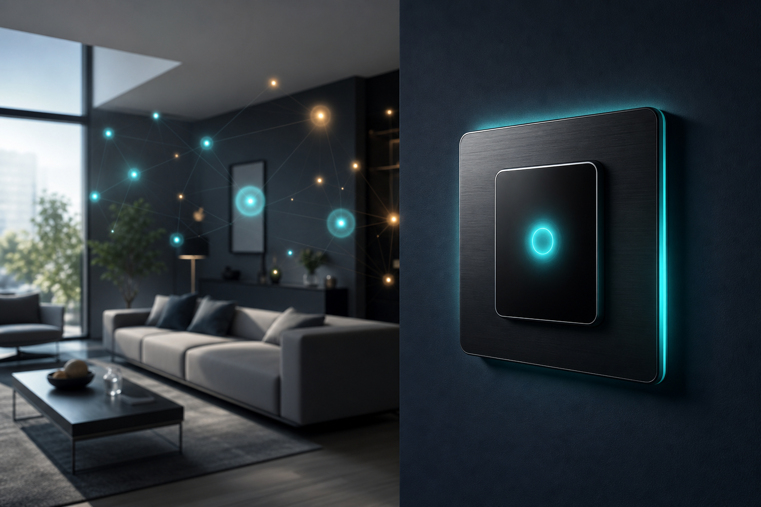 A glowing smart home automation panel mounted on a navy wall emits soft teal light, surrounded by an abstract network of luminous nodes suggesting AI-connected local search visibility
