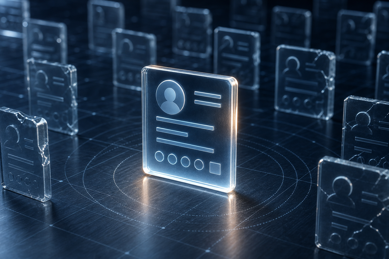 A single glowing frosted-glass business profile tile in sharp focus stands against a dark navy background, surrounded by a defocused grid of fractured duplicate tiles suggesting digital identity fragmentation and compliance risk at scale.
