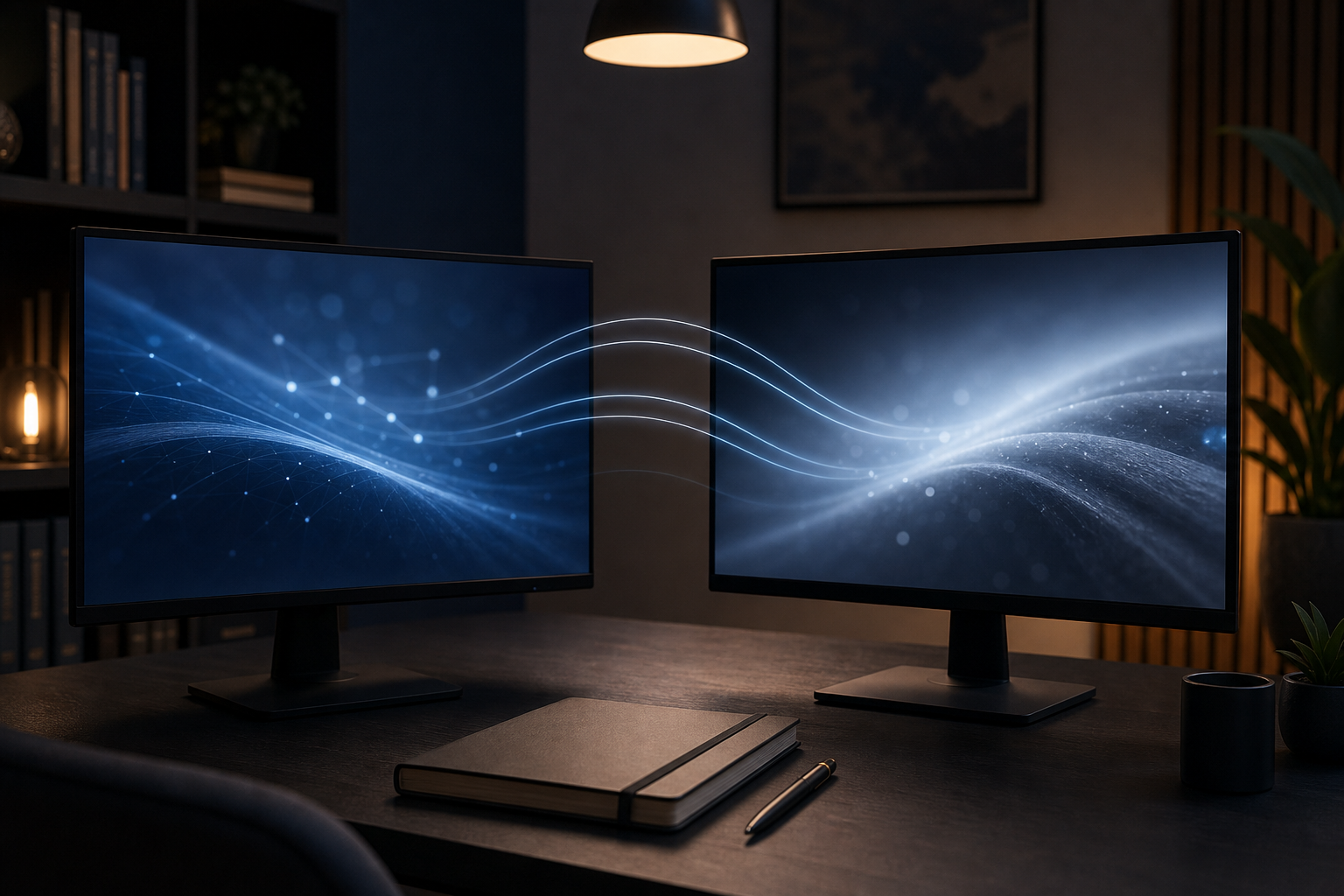 Professional desk workspace with two glowing monitors and abstract connection lines representing simultaneous monitoring across multiple AI search engines