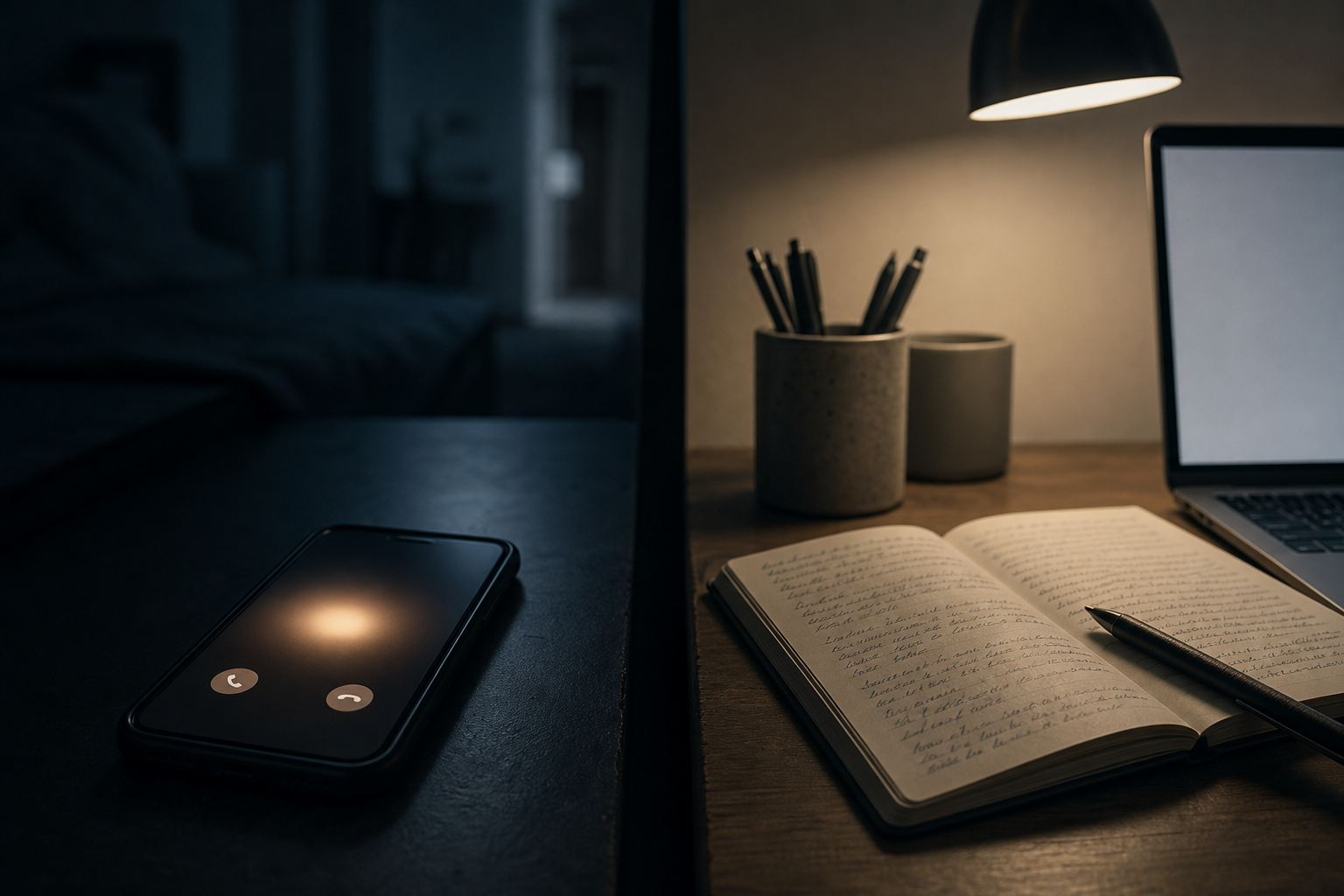 Split composition showing an urgent late-night phone call scenario on the left and a calm content planning workspace on the right, representing two separate keyword intent strategies for mold remediation SEO