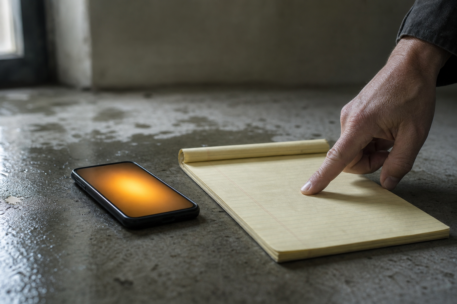 A hand pressing decisively onto a notepad beside a glowing smartphone on a damp concrete surface, lit by cool directional light with warm amber screen accent