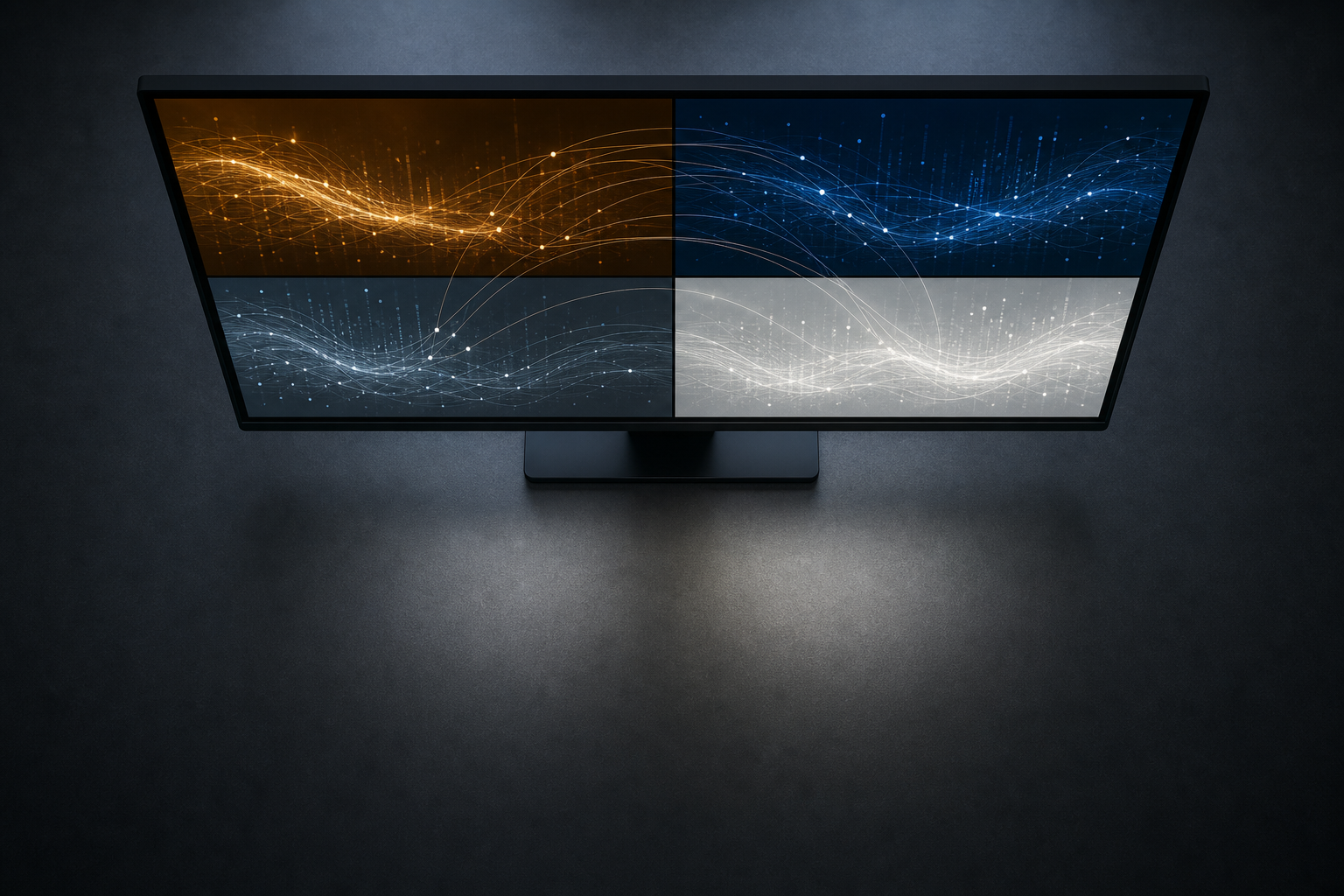 Wide monitor on a dark desk displaying four abstract luminous data panels connected by arc lines, representing simultaneous AI search engine visibility tracking