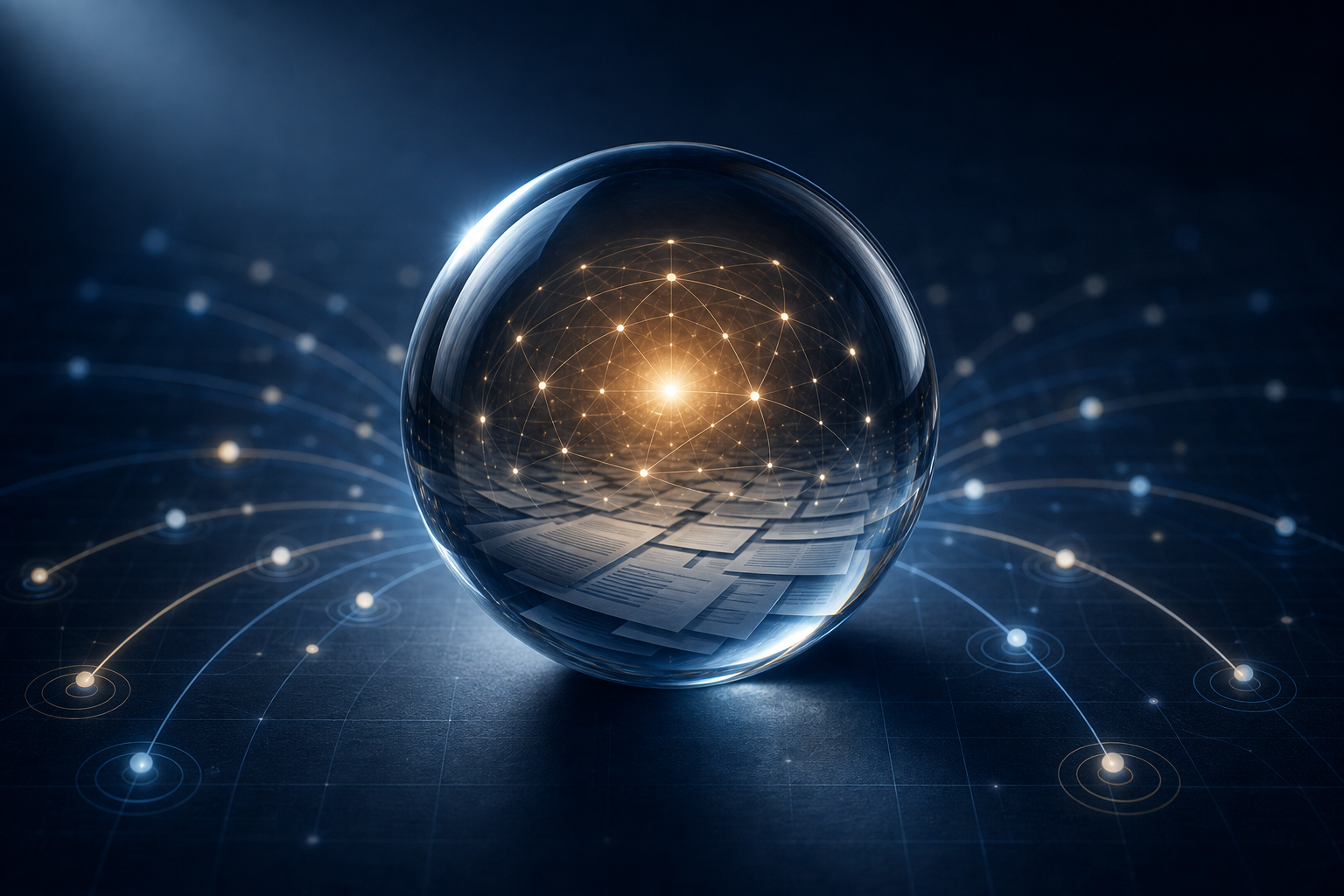 A polished glass sphere glowing amber-gold at its core sits on a slate surface, with faint arc-shaped node connection lines radiating outward into a deep navy background, symbolizing trust and third-party citation authority.