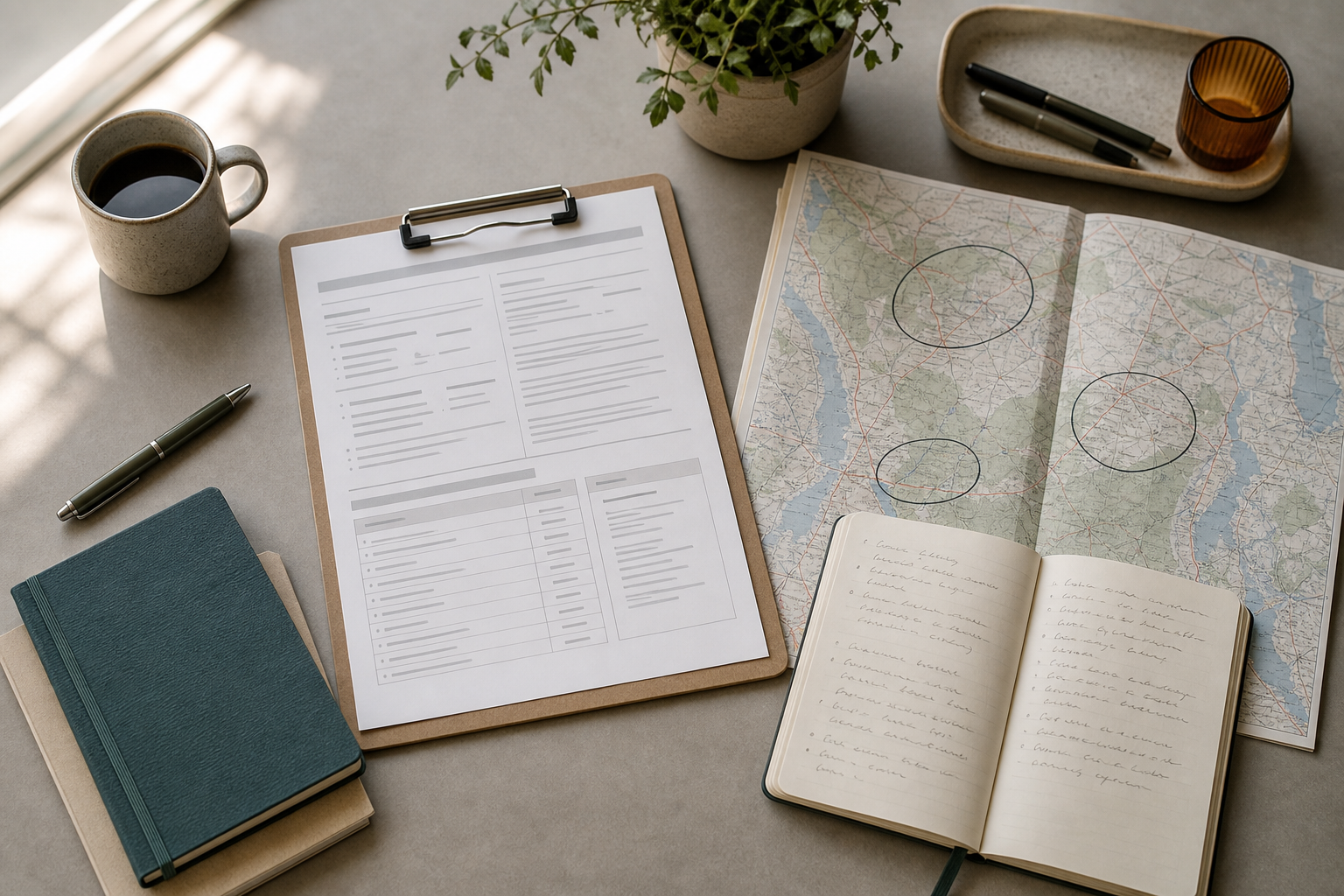 Overhead flat-lay of a clipboard with a structured document, a regional map with marked service zones, and an open notebook on a grey work surface