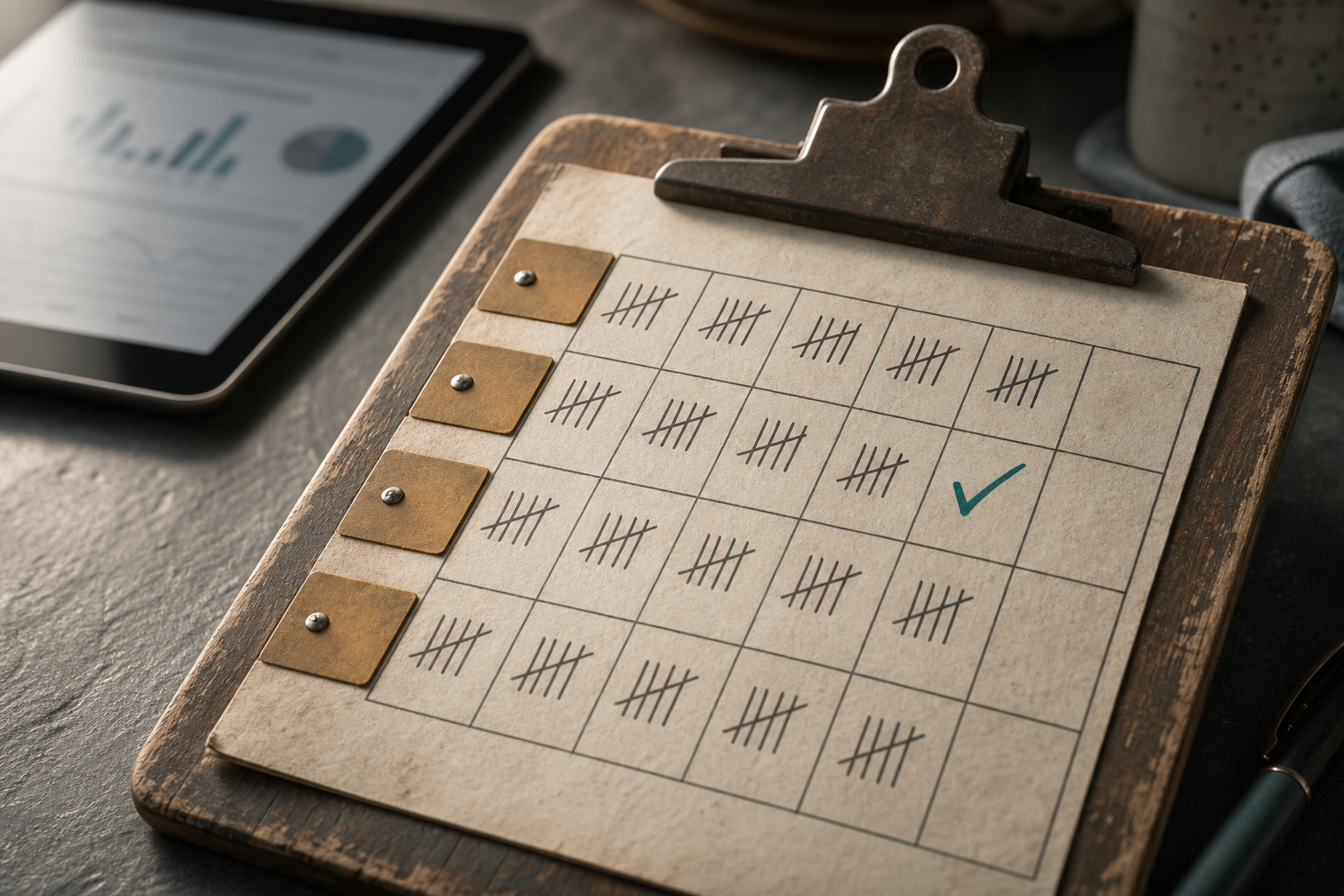 A structured tally-mark scorecard on a weathered clipboard with a single teal checkmark accent, soft directional light, and a blurred digital screen in the background.