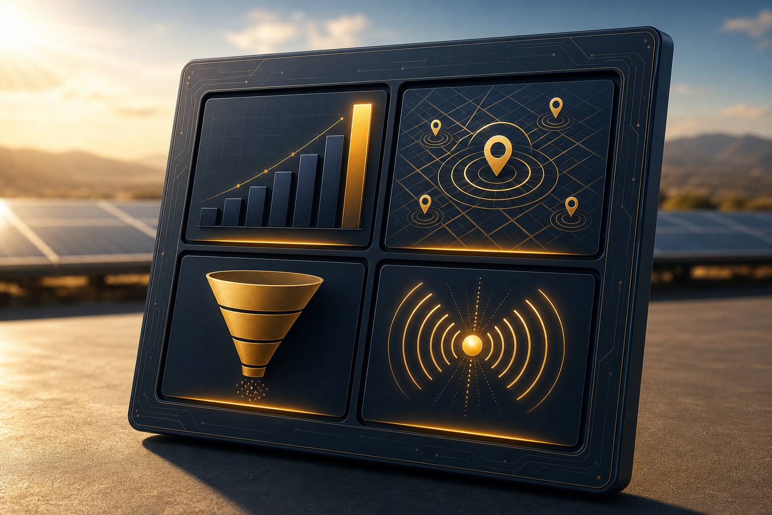 A dark navy dashboard panel with four geometric metric tiles glowing with amber accents, representing local ranking signals, map coverage, conversion quality, and AI visibility for solar SEO tracking