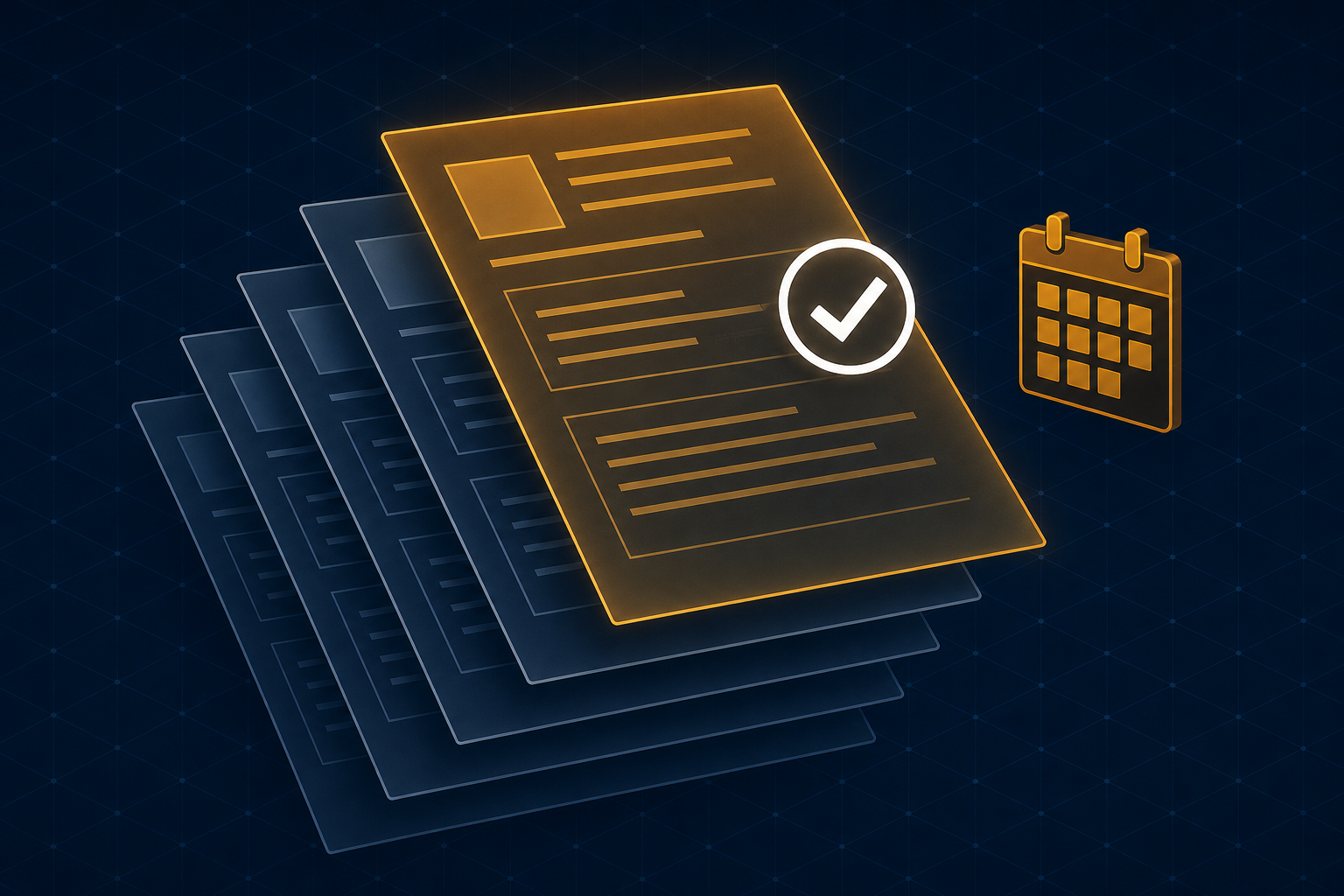 A geometric stack of layered document sheets with an amber-highlighted top version, a calendar icon, and a checkmark badge, representing a structured content review and versioning workflow for solar service pages