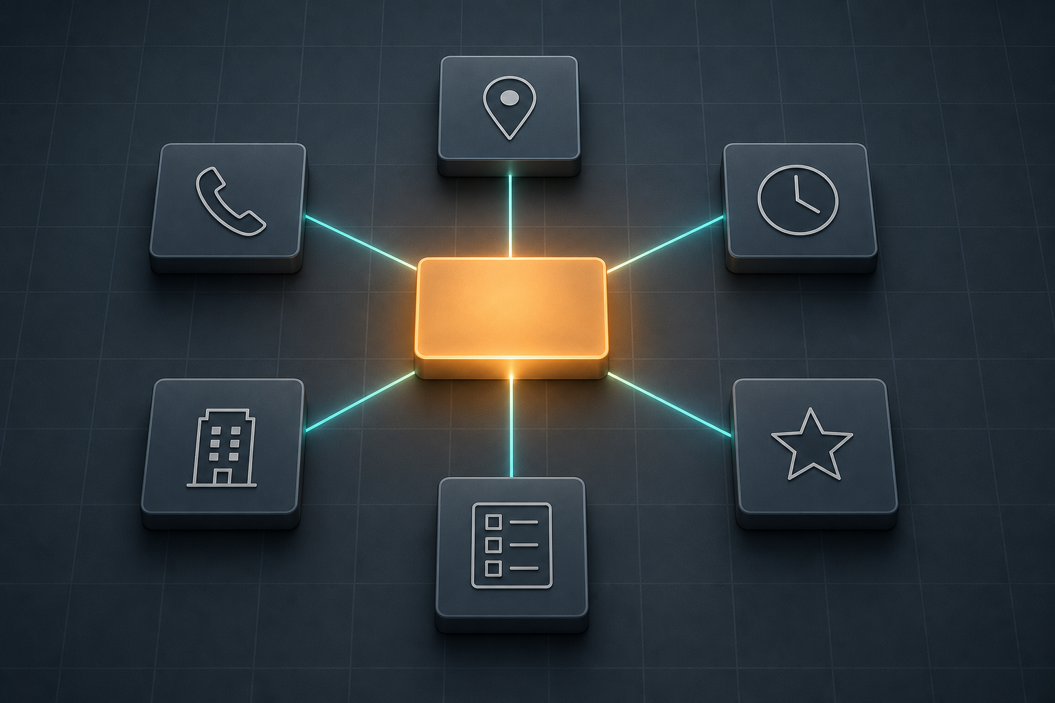 Abstract network diagram of directory listing tiles connected by teal lines to a central glowing hub, representing consistent business information synchronized across multiple platforms