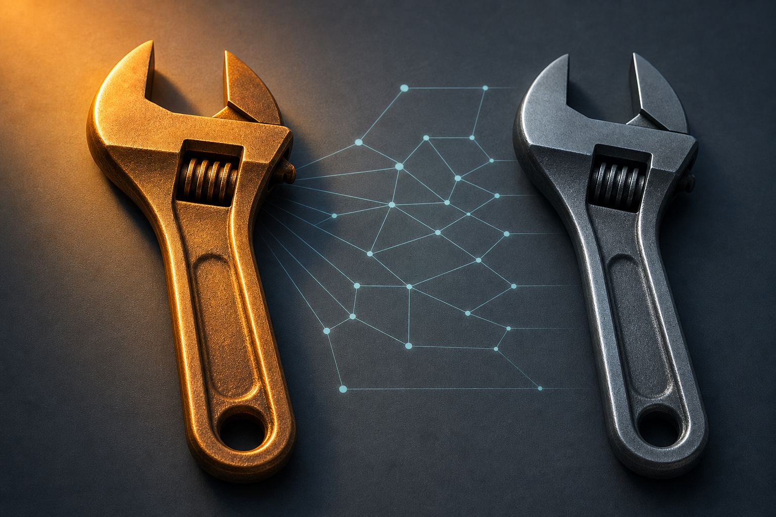 Two wrenches side by side on a slate surface, one highlighted in warm amber light with geometric connection lines radiating outward, the other receding in shadow, representing competitive visibility in AI recommendation systems
