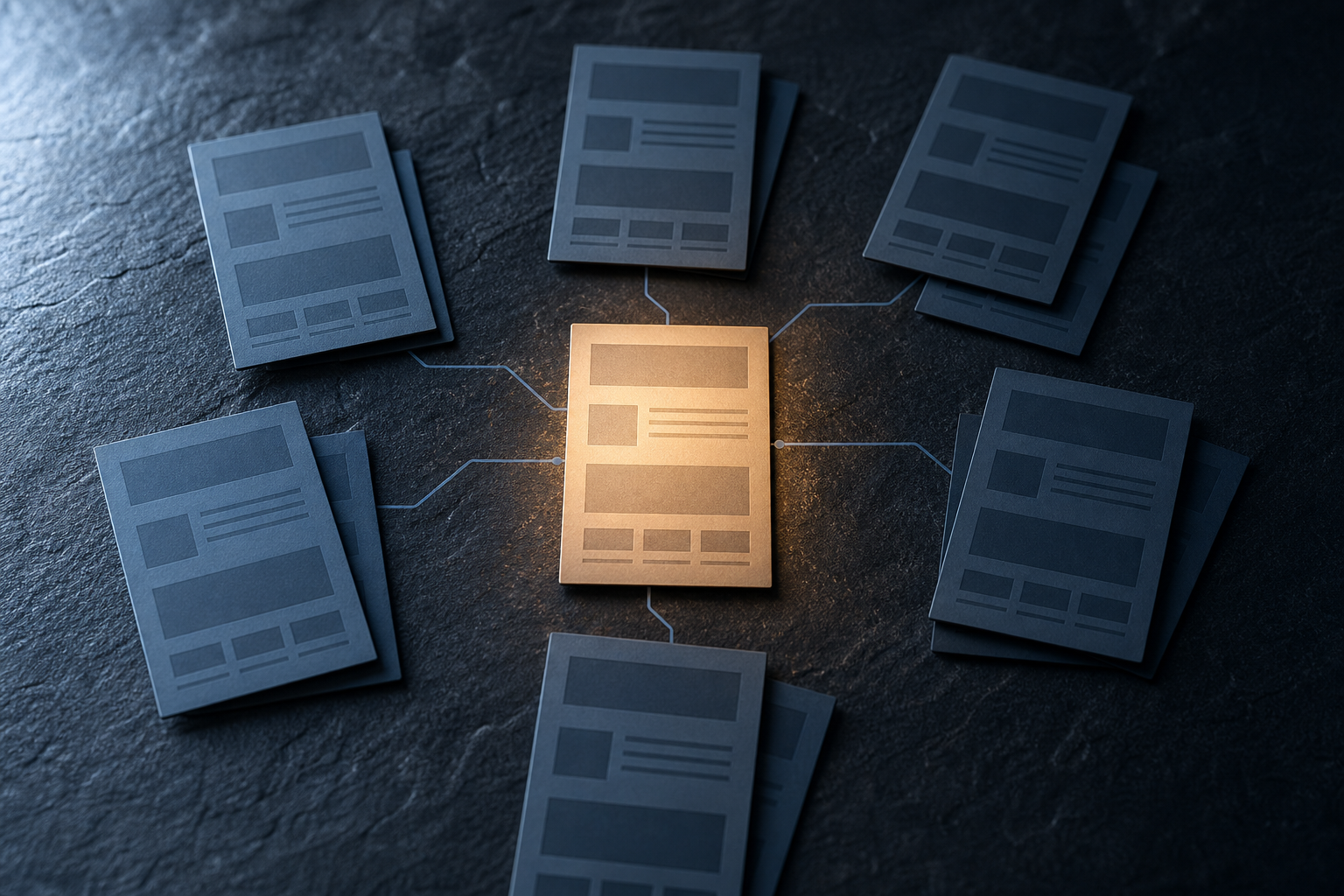 Multiple abstract business listing cards fanned out on a slate surface, with one correctly aligned card lit in amber and surrounding cards misaligned in cool shadow, representing NAP inconsistency across directories