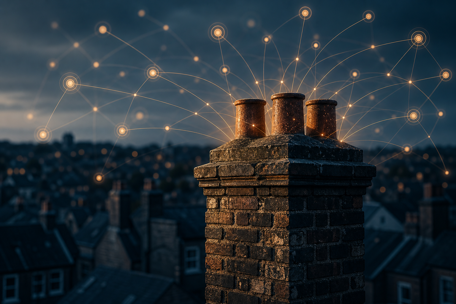 A detailed brick chimney crown rising above softly defocused rooftops at dusk, with warm amber geometric network nodes radiating outward from its top in a constellation-like arc against a deep navy-slate sky