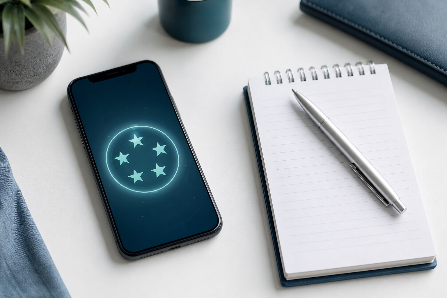 Smartphone with abstract review rating interface and a notepad with pen on a clean desk, representing the process of gathering specific patient reviews for chiropractic AI citation signals
