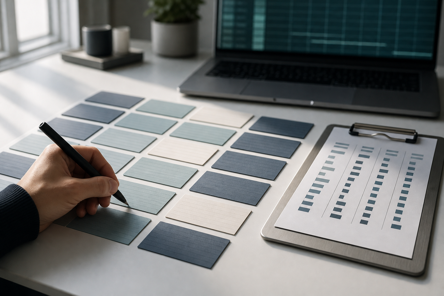 A hand holds a stylus over a precisely arranged grid of color-coded index cards on a white desk, with a blurred laptop screen glowing softly in the background, conveying systematic tracking and comparison over time.
