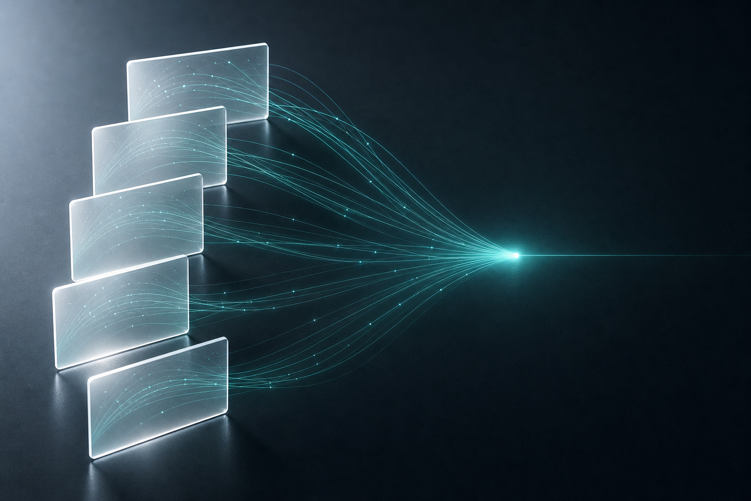 Five glowing card shapes connected by luminous lines converging on a single bright focal point, symbolizing multiple trust signals reinforcing one consistent AI recommendation