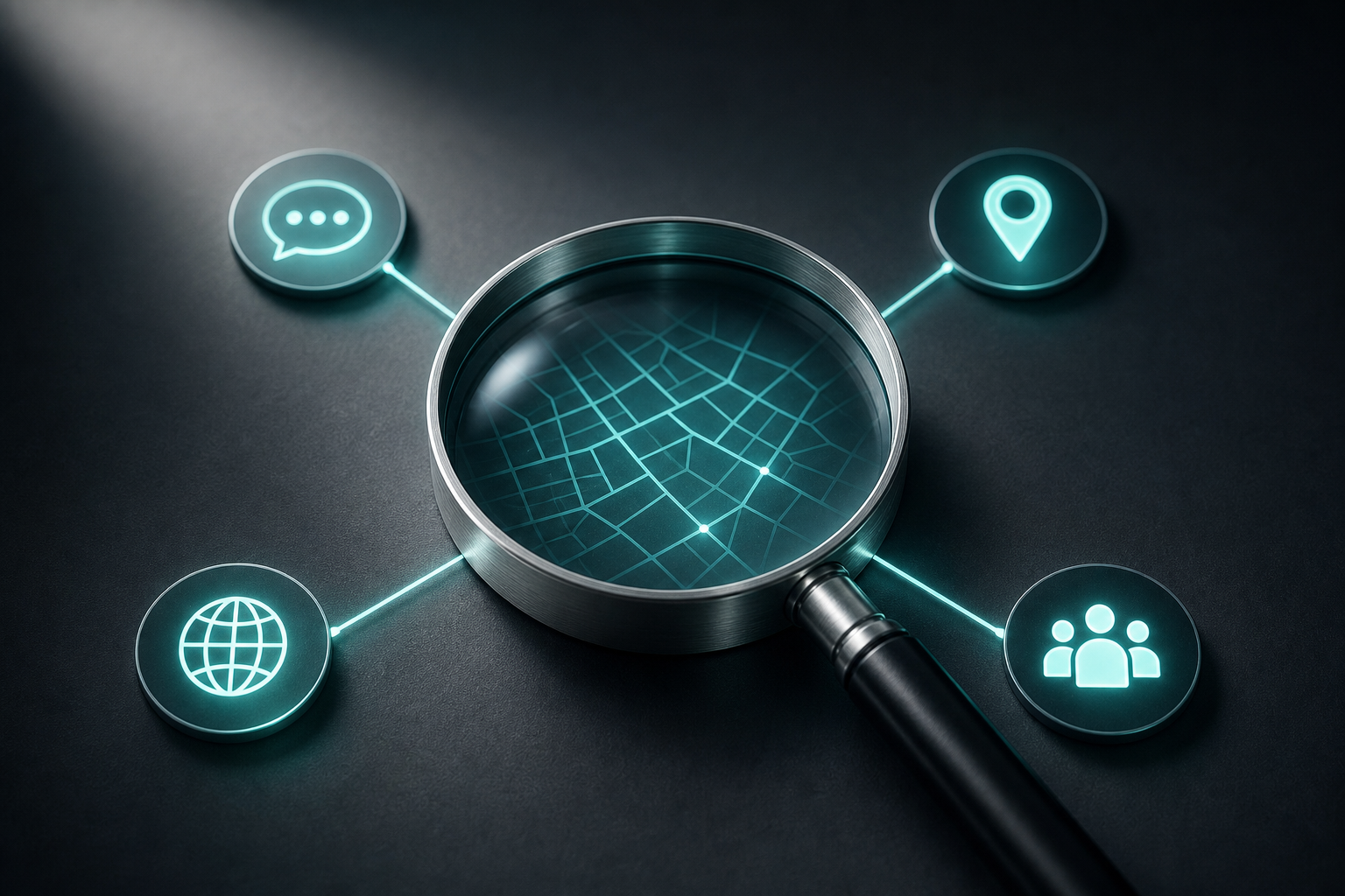 A magnifying glass with brushed metal frame illuminated by soft directional light, its lens revealing a teal geometric local grid, surrounded by four glowing circular nodes connected by luminous lines, set against a cool dark background