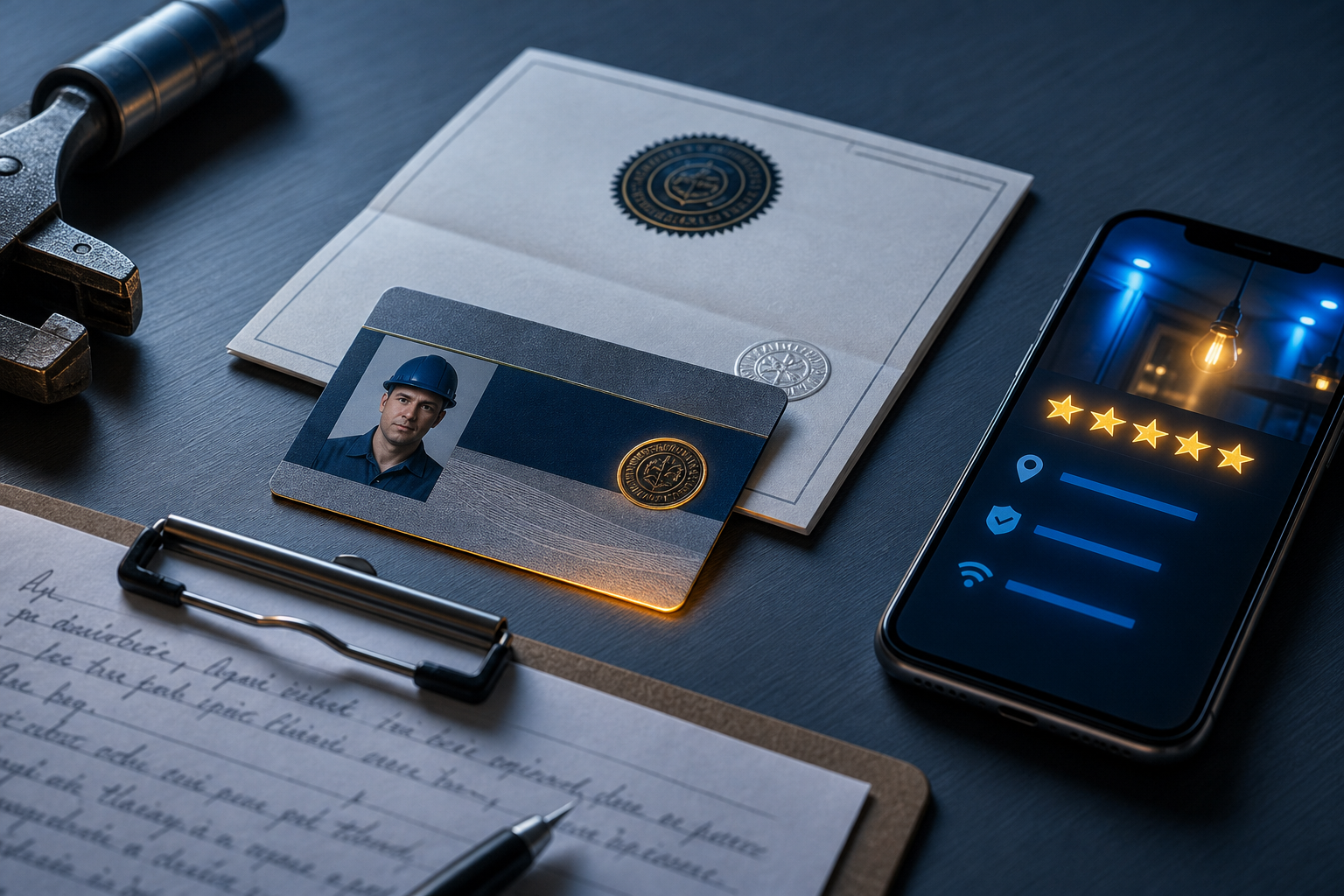 Electrical contractor license card and certification document on a slate desk beside a smartphone displaying an abstract glowing local business profile with star indicators